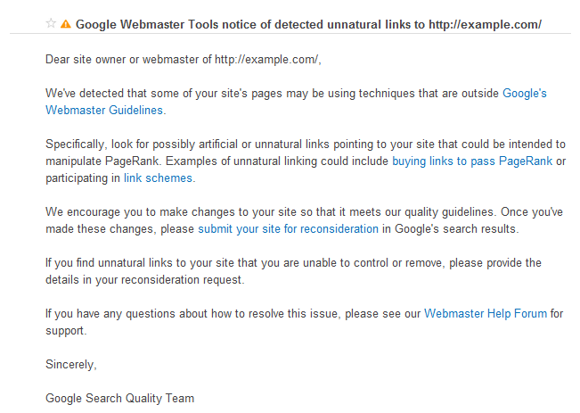 Webmaster guidelines warning