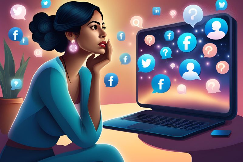 woman pondering social media on computer