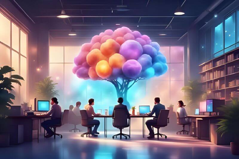 SaaS office brainstorming topic clusters.