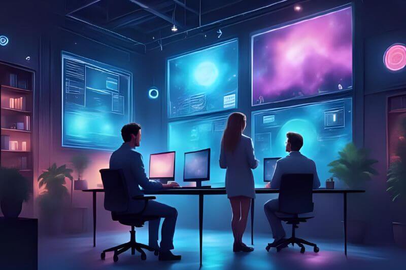 Three SaaS office workers standing in front of colourful screens.