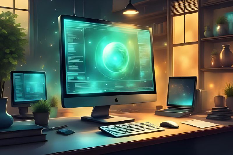 Laptop on desk with green background.