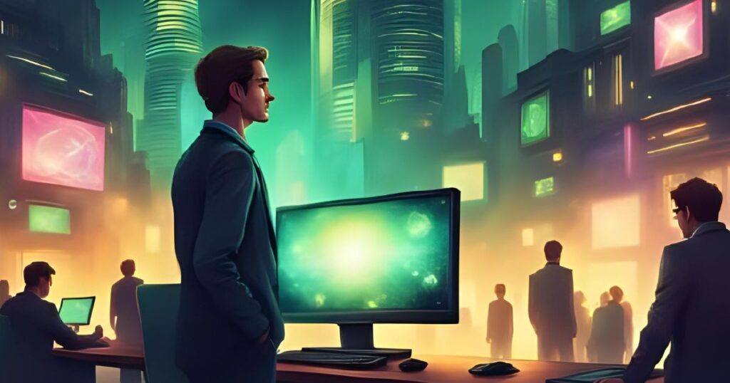 SaaS businessman by computer with colorful background