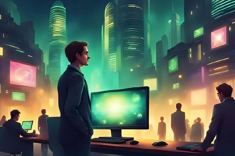 SaaS businessman by computer with colorful background