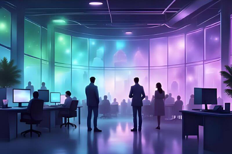 AI image of SaaS office workers with purple and green background.