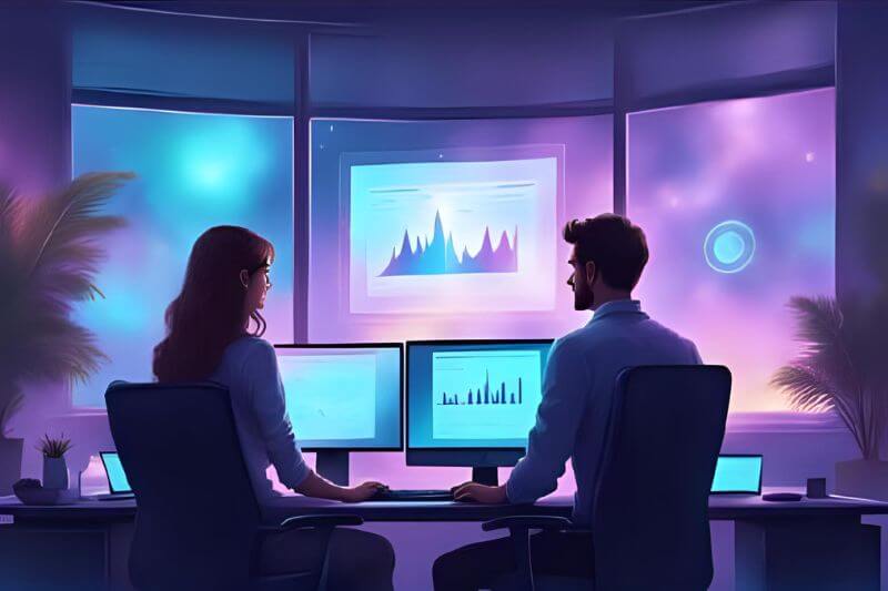 Office workers analysing SaaS keyword data