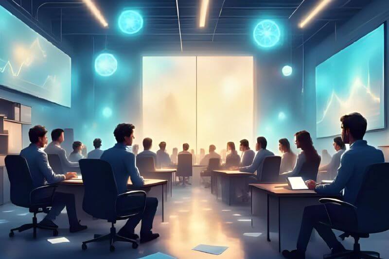 SaaS team meeting in large office.