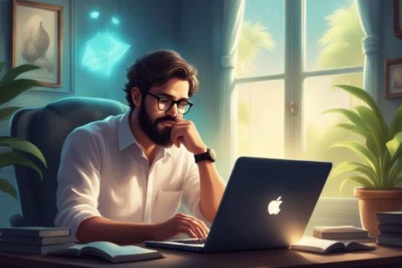 A man thinking about buying a product online.