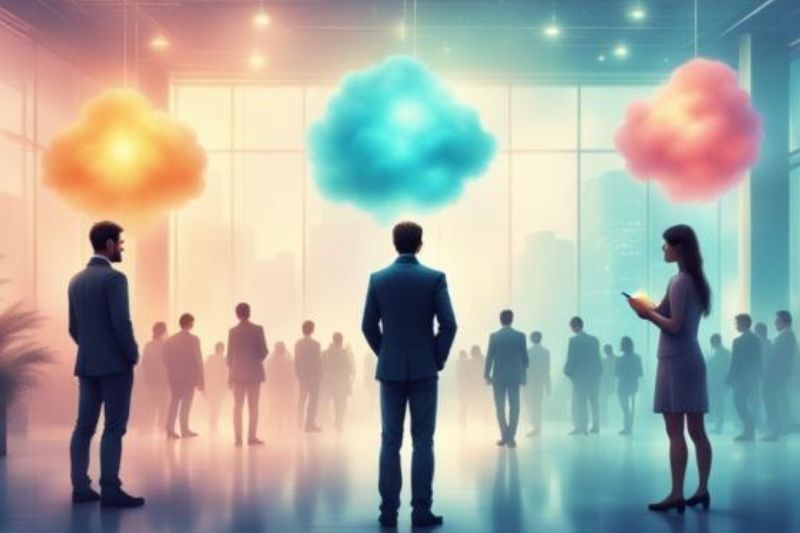 AI image of three SaaS office workers with colorful clouds above heads.