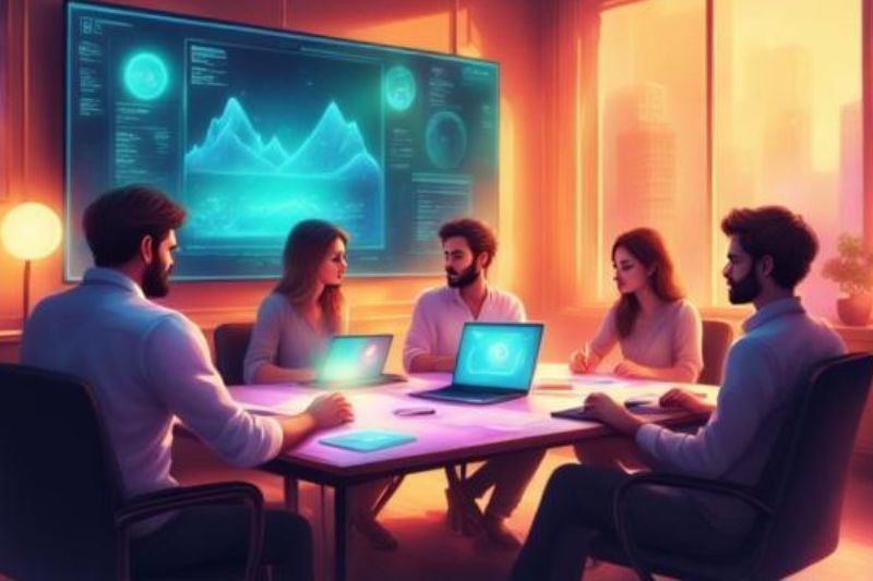 AI image of group of writers discussing SaaS content marketing