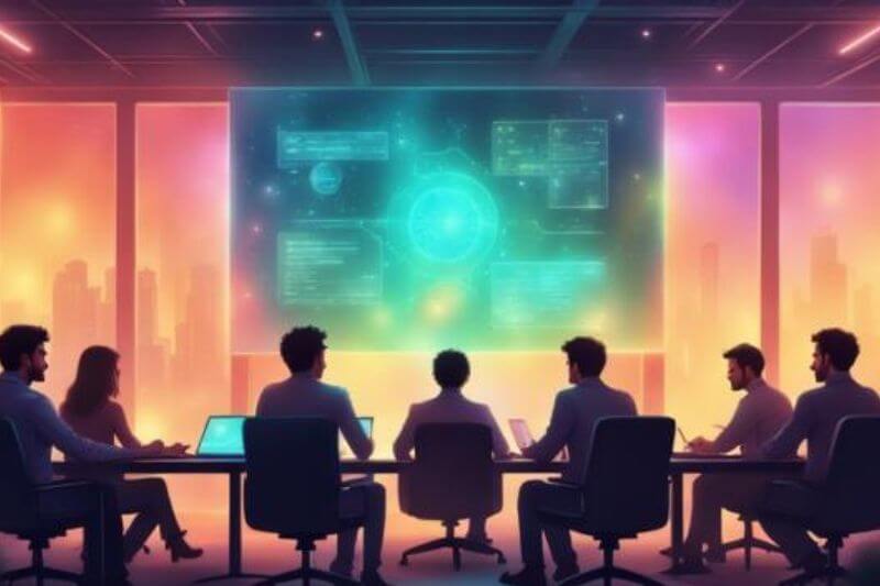 Group of office workers sitting in front of screen