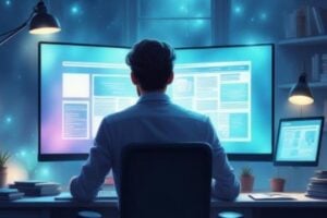 SaaS businessman reading articles on computer
