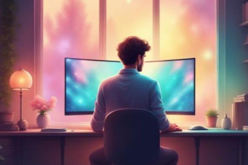 AI image of man in front of computer