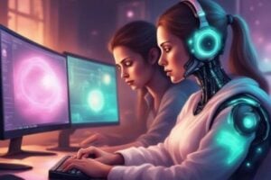 AI robot next to human creating AI content