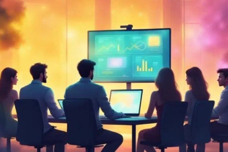 Six SaaS team members in office looking at charts Six SaaS team members in office looking at charts